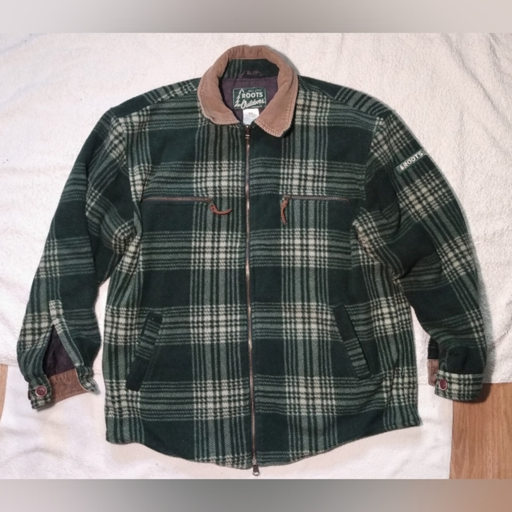Vintage ROOTS CANADA Tartan Plaid Flannel Fleece Curdoroy Collar Lined Jacket